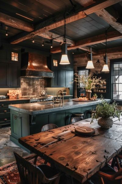 Moody House Aesthetic, Black Farmhouse Interior, Moody Farmhouse Kitchen, Barn Style Kitchen, Modern Cabin Kitchen, Yurt Ideas, Dark Farmhouse, Moody House, Rustic Barndominium Ideas