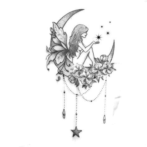 Fairy Flower Tattoos For Women, Fairy In Moon Tattoo, Fairytale Inspired Tattoos, Moon Fairy Tattoo Designs, Self Love Fairy Tattoo, Moon With Fairy Tattoo, Fairy On The Moon Tattoo, Beautiful Fairy Tattoo, Fairy On A Moon Tattoo