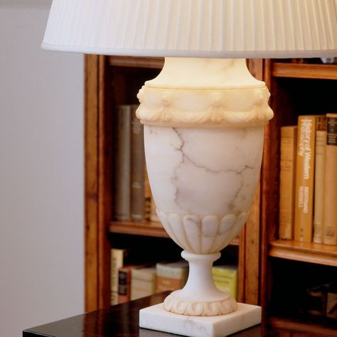 Smooth alabaster with subtle yet sophisticated details.  Pictured here is the Trento Urn Table Lamp.  #vaughandesigns #design #interior123 #decoration #vaughan #englishdesign #lighting #interiordesign #homedecor #home #interiors #interiorinspiration #alabaster #trento #urn #tablelamp #library #sittingroom #livingroom #drawingroom #traditional Urn Lamp, Flush Lights, Semi Flush Light, Rome Art, Carved Table, Alabaster Lamp, Flush Light, English Design, Semi Flush Lighting