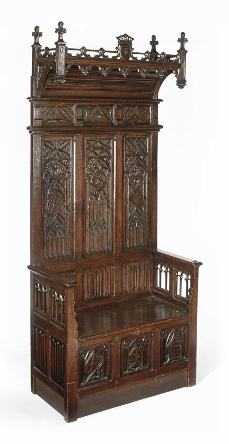 A GERMAN GOTHIC REVIVAL OAK HALL BENCH | LATE 19TH CENTURY | bench, Furniture & Lighting | Christie's Gothic Style Furniture, Kings Throne, Gothic Tracery, Medieval Artifacts, Gothic Chair, Cross Gothic, Castle Interior, Hall Bench, Medieval Furniture