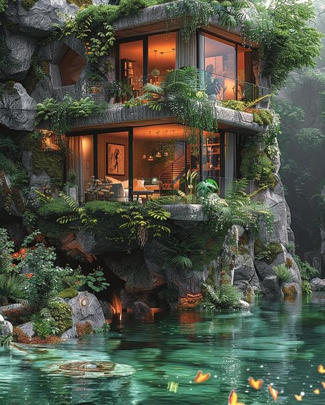 Fantasy Jungle House, Forest Home Design, Forest House Architecture, Jungle Houses, Jungle Architecture, House In The Jungle, Tiny Glade, Jungle Home, Writing Images