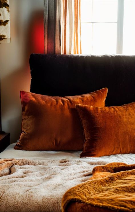 Burnt Orange Bedroom Aesthetic, Orange Bedroom Aesthetic, Burnt Orange Accents, Burnt Orange Bedroom, Burnt Orange Throw, Cozy Bedroom Aesthetic, Burnt Orange Pillows, Ashley Bedroom, Accent Pillows Bedroom