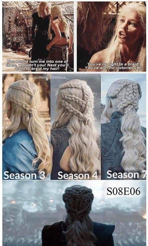 The Dothraki would braid their hair after every victory in battle. The longer the hair, the better the fighter. And when they lost they would cut their hair. Daenerys Braids, Daenerys Targaryen Hair, Daenerys Hair, Targaryen Hair, Dragon Braid, Braid Game, Braids Pictures, Game Of Throne Daenerys, Short Homecoming Hair