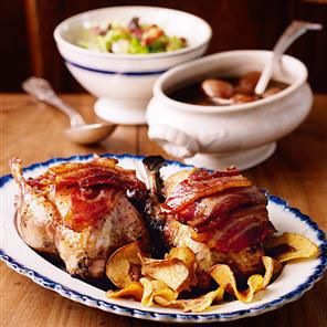 Roast partridge with caramelised balsamic shallot sauce Partridge Recipes, Partridge Recipe, Christmas Roast Recipes, Recipes For Venison, Shallot Sauce, Pheasant Recipes, Quail Recipes, Christmas Roast, Cabbage And Bacon