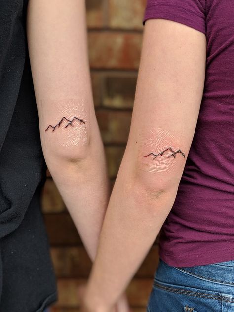 Matching mountain sister tattoos Mountain Tattoo For Couples, Matching Mountain Tattoos Couples, Sister Mountain Tattoo, Three Sisters Mountain Tattoo, Matching Mountain Tattoos, Moutain Tattoos, Montana Tattoo, Mountain Tattoos, Tattoos 2024