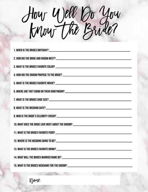 Bachelorette Party or Bridal Shower Game "How well do you know the Bride" , Printable Know The Bride Game, Wedding Who Pays, Bride Birthday, Bride Game, Fun Bridal Shower Games, Awesome Bachelorette Party, Wedding Dress Alterations, Bachelorette Games, Bachelorette Party Games