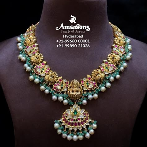 Amarsons Jewellery, Gold Temple Jewellery, Antique Necklaces Design, Diamond Pendants Designs, Diamond Earrings Design, Beautiful Gold Necklaces, Gold Jewelry Simple Necklace, Gold Necklace Indian Bridal Jewelry, Gold Necklace Indian