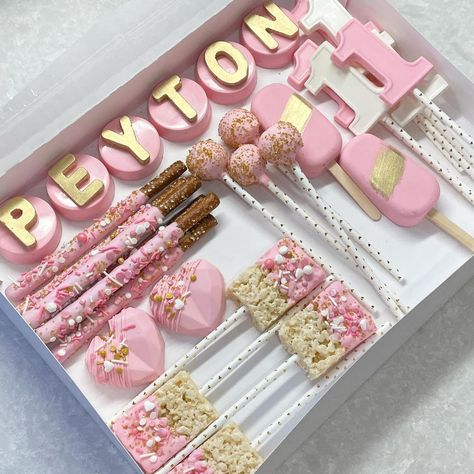 Pink And Gold 1st Birthday, Birthday Box, Krispie Treats, Treat Boxes, Rice Krispie Treat, Rice Krispies, Pink And Gold, 1st Birthday, First Birthdays