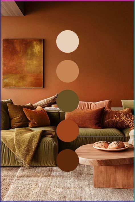 Complementary Color To Brown, Cherry Wood Furniture Living Room Ideas, Color Pallets Home, Orange Living Rooms Ideas, Copper Living Room Walls, Gold In Interior Design, Colours That Go With Wood, Colourful Room Inspiration, Copper Pillows Living Rooms