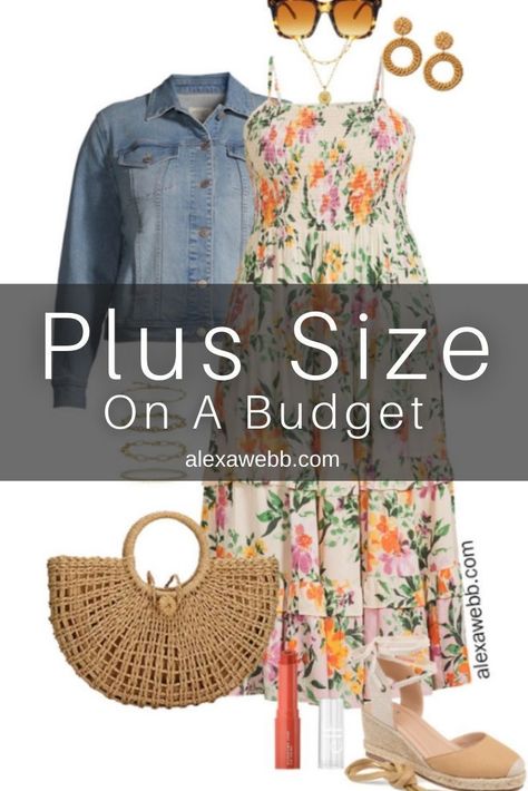 Plus Size on a Budget – Midi Dress Outfit with a Denim Jacket, Espadrille Wedges and Straw Tote Bag - Alexa Webb Plus Size Spring And Summer Outfits, Cute Plus Size Spring Outfits, Plus Size Sundress Outfit, Plus Size Summer Outfits 2023 Women Over 50, 2024 Plus Size Outfits, Plus Size Summer Fashion For Women, Plus Size Summer Outfits Work, 2024 Plus Size Spring Outfits, Casual Spring Outfits 2024 Plus Size