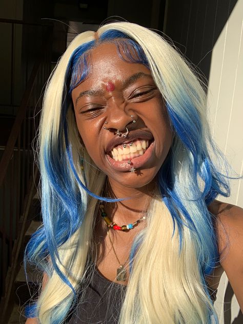 This install🫶🏾 #wigs #installation Blue Wig With Highlights, Blonde And Blue Wig Black Women, Blue Roots Blonde Hair, Blue And Blonde Wigs For Black Women, Creative Hair Color Ideas, Blonde And Blue Wig, Blonde Blue Hair, Dyed Hair For Blondes, Platinum Blonde Wig