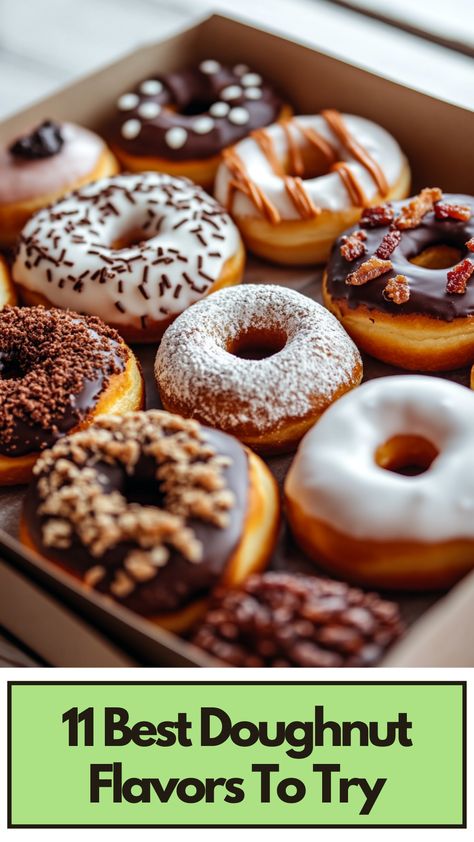 A box of assorted doughnuts featuring a variety of flavors including chocolate, glazed, and maple bacon, perfect for indulging in a sweet treat. Doughnut Flavors, Doughnut Ideas, Donut Flavors, Maple Glaze, Maple Bacon, Morning Tea, Tasty Treats, Taste Buds, Treat Yourself