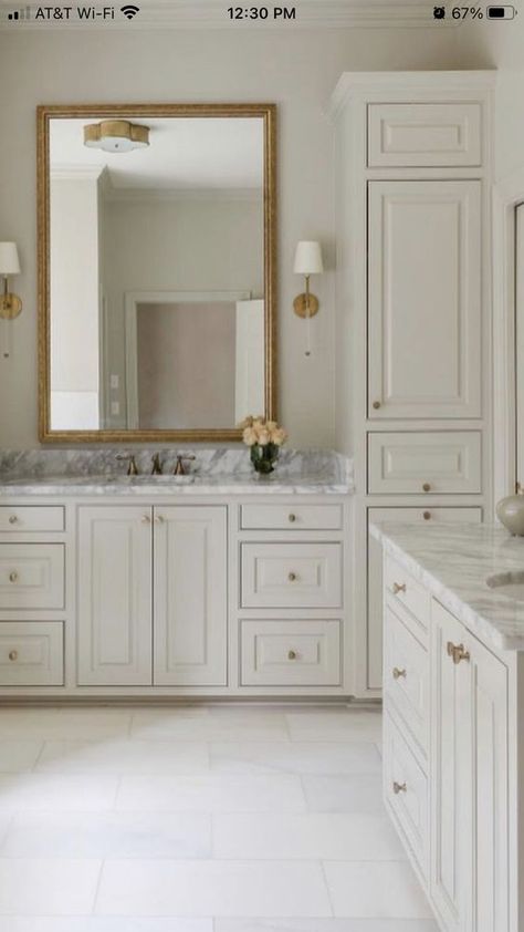 Primary Bath Idea Raised Panel Bathroom Cabinets, Primary Bathroom White Cabinets, Alabaster Bathroom Cabinets, Taupe Vanity Bathroom, Cream Vanity Bathroom, White Marble Master Bath, Beige Vanity Bathroom, Cream Bathroom Cabinets, Taupe Bathroom Cabinets