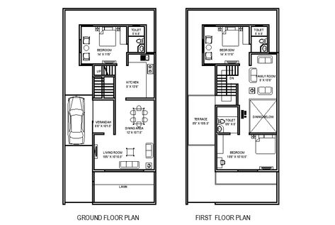 27’x58’ row house plan is given in this Autocad drawing file. This is G+3 house building. Row House Plan, Town House Plans, 10 Marla House Plan, Home Map Design, 20x30 House Plans, Row House Design, Budget House Plans, Single Storey House Plans, 20x40 House Plans