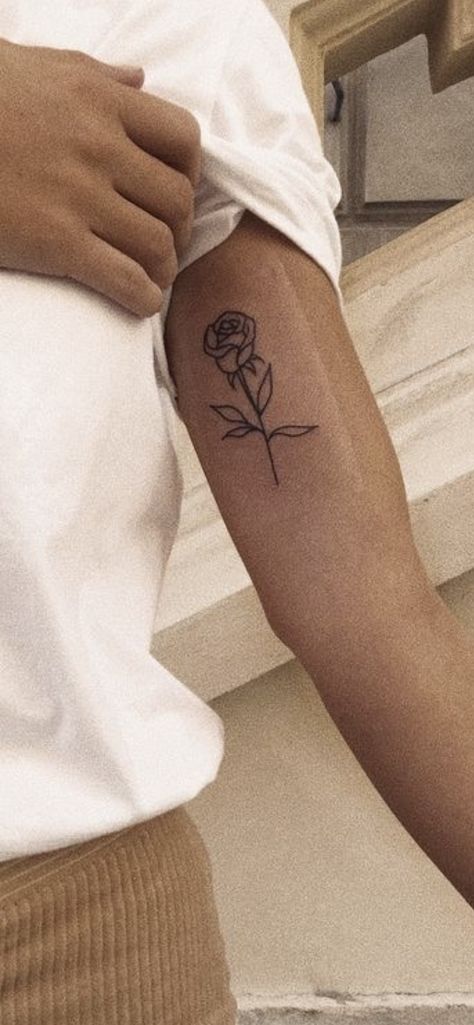 Minimal Bicep Tattoo, Small Men Arm Tattoos, Simple Bicep Tattoo Men, Men’s Arm Tattoos Simple, Rose Bicep Tattoo Men, Small Arm Tats Men, Rose Tattoo Men Bicep, Mens Small Arm Tattoo Ideas, Small Tatoos Arms For Men