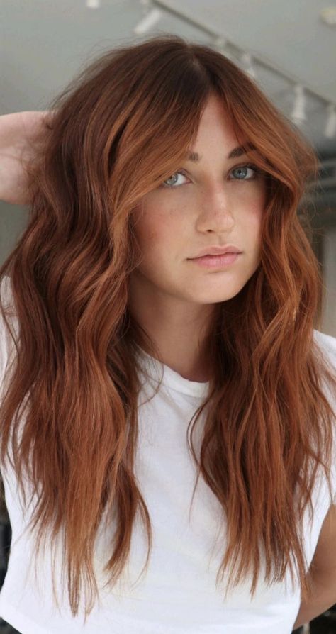 Natural Red Orange Hair Color, Mid Length Copper Hair With Layers, Hair Color Cowboy Copper, Cowgirl Copper Hair Pale Skin, Copper Hair And Blue Eyes, Kristin Ess Copper Penny, Copper Hair And Bangs, Copper Hair Brunette Roots, Long Layered Auburn Hair