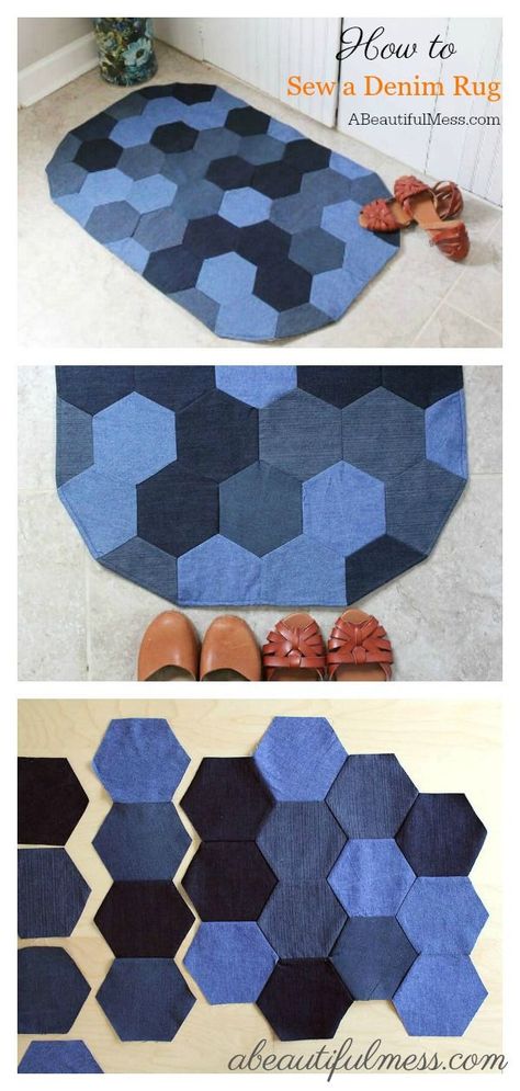 Learn how to make a denim rug with this free sewing pattern. It's a great way to recycle old jeans and add a touch of farmhouse style to your #Sewing_Projects_Old_Clothes #Denim_Crafts_Upcycling #Rug_Sewing #Sewing_Denim Denim Projects Sewing Patterns, Sewing With Old Jeans, Denim Quilt Ideas Free Pattern, Creative Upcycling Ideas, Denim Sewing Projects Upcycling, Old Jeans Recycle Clothes, Denim Sewing Ideas, Ideas Con Jeans Reciclados, Denim Quilts Old Jeans Diy