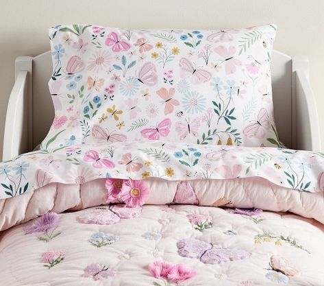 Toddler Bed Bedding | Pottery Barn Kids Toddler Floral Bedroom, Toddler Butterfly Room, Butterfly Toddler Room, Butterfly Bedroom Ideas Kids, Toddler Bed Bedding, Toddler Bed Girl, Butterfly Sheets, Violet Room, Butterfly Bedroom