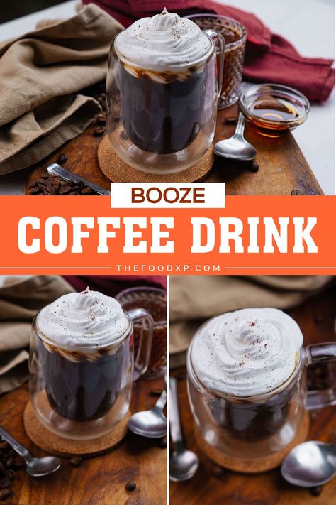 Image of a Booze Coffee Drink served in a clear glass mug. This rich and creamy coffee is infused with your favorite liqueur, topped with a swirl of whipped cream, and garnished with a sprinkle of cocoa powder. Perfect for a warm and indulgent pick-me-up or an after-dinner cocktail. Coffee With Liquor Recipes, Alcohol Coffee Drinks Recipes, Coffee Alcoholic Drink, Boozy Coffee Drinks, Coffee Nudge, Cheesy Mac And Cheese, Drink Inspiration, Cozy Drinks, Autumn Recipes