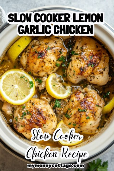 Brighten up your dinner with this Slow Cooker Lemon Garlic Chicken recipe! Tender chicken infused with the zesty flavors of lemon and the savory goodness of garlic, all cooked to perfection in your slow cooker. This dish is perfect for busy weeknights or when you want a fresh, flavorful meal with minimal effort. Serve it with your favorite sides like roasted vegetables, rice, or a fresh salad. Pin now and savor the simple, delicious taste of homemade goodness!  #SlowCooker #LemonGarlicChicken #EasyRecipes #DinnerIdeas #SlowCookerRecipes #ChickenRecipe #HomeCooking #FlavorfulMeals #HealthyEating #SlowCookerChickenRecipes #CrockpotChickenRecipes #SlowCookerLemonGarlicChicken #EasyDinners Chicken Pieces Crockpot Recipes, Lemon Garlic Crockpot Chicken, Slow Cooker Creamy Lemon Herb Chicken, Lemon Chicken In Crockpot, Lemon Garlic Chicken Crockpot, Lemon Crockpot Chicken, Slow Cooker Chicken Recipes Healthy, Chicken Slow Cooker Recipes Healthy, Lemon Chicken Slow Cooker