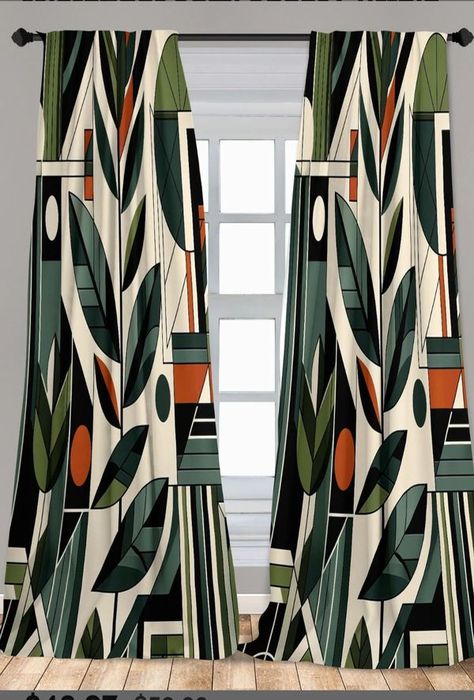 Women Of All Colors Who Love Interior Decorating | Please help me find a rug that will match these curtains. | Facebook Mid Century Modern Window Treatments, Eclectic Curtains, Salon Aesthetic, Reseda Green, Office Curtains, Mid Century Modern Curtains, Modern Window, Area Rug Decor, Modern Windows