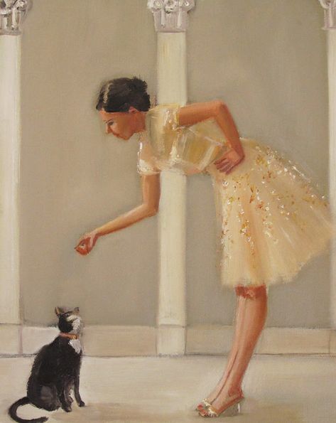 Tinkerbelle.  Art Print. She And Her Cat, Janet Hill, Canadian Painters, Painting Style, White Cat, Art Studios, Yellow Dress, Original Oil Painting, Original Oil