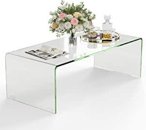 Casart Glass Coffee Table, U-Shape Tempered Glass Tea Table with Smooth Round Edges, Simple Minimalist Waterfall End Table for Living Room Office Hotel, No Assembly Edges Simple, Waterfall Table, Clear Coffee Table, Glass End Table, Minimalism Design, Acrylic Coffee Table, Angular Design, Cafe Furniture, Glass End Tables