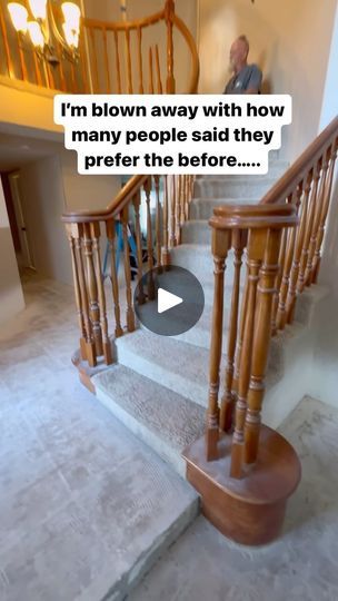 Hardwood Stairs With White Risers, Removing Carpet From Stairs, Remodeled House, White Stair Risers, Square Balusters, Black Staircase, Round Stairs, Classic Carpet, Oak Handrail