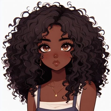 Cute Simple Profile Pictures, Black Anime Girlies, Cartoon Curly Hair, Anime Afro, Curly Hair Pfp, Afro Hair Drawing, Anime Curly Hair, Curly Hair Cartoon, Interracial Art