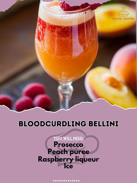 🍑 "A sip of terror awaits! Try our Bloodcurdling Bellini—scarily smooth with a bloody twist! 🩸🍑 #BloodcurdlingBellini #FrightfulFlavors" Bloodcurdling Bellini Ingredients: Prosecco (3 oz) Peach puree (1 oz) Raspberry liqueur (1/2 oz) Ice (as needed) Fresh raspberries (for garnish) Instructions: Pour peach puree and raspberry liqueur into a glass. Top with Prosecco and stir gently. Add ice if desired and garnish with fresh raspberries. 🌟 "This bloodcurdling blend is a frightfully fun twist... Funny Drink Names, Drink Names, Peach Puree, Raspberry Liqueur, Yummy Alcoholic Drinks, Vanessa Williams, Haunted Halloween, Fresh Raspberries, Recipe Boards