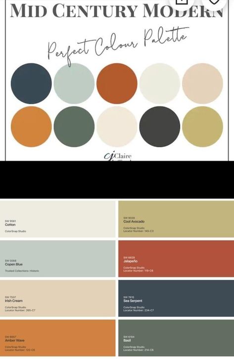 Mcm Earth Tones, Mid Century Modern Wall Colors Living Rooms, Mid Century Modern Colour Scheme, 60s Paint Colors, Mcm Interior Paint Colors, Mid Century Modern Paint Colors Interior, Mid Century Modern Bathroom Paint Colors, Mcm Wall Colors, Mcm Colour Palette