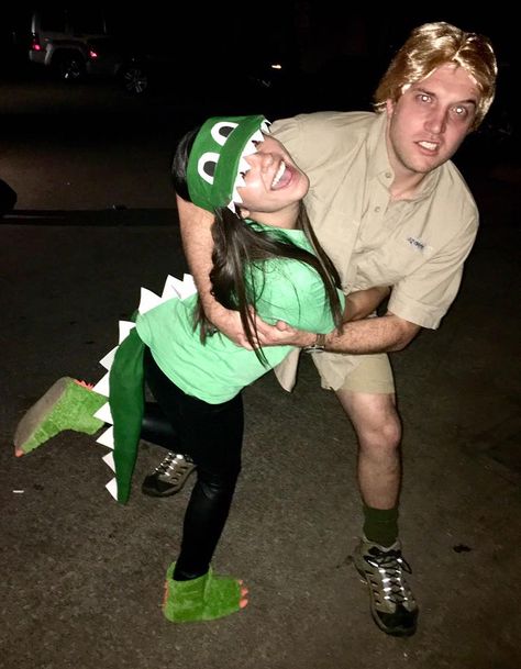 Halloween DIY couple costume Steve Irwin Crocodile Alligator Alligator And Steve Irwin Costume, Homemade Crocodile Costume, Crocodile Halloween Costume, Steve Irwin And Crocodile Costume, Alligator Costume Women, Crocodile Costume Women, Diy Alligator Costume, Crocodile Costume Diy, Steve Irwin Costume