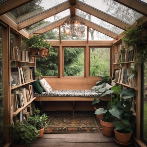 Sunroom Library, Humble House, Writing Studio, Garden Nook, Flat Ideas, House Building, Cozy Reading Nook, Photosynthesis, Humble Abode