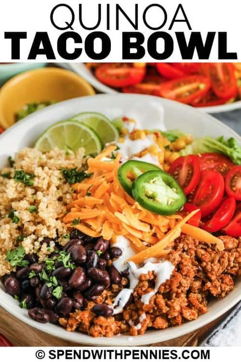 Chicken or turkey and veggies plus loads of fresh vegetables make this quinoa bowl a healthy lunch. Easy to make and customizable it's perfect for one or for a crowd. #spendwithpennies #tacoquinoabowl #quinoabowlrecipe #recipe #entree #lunch #chicken #turkey #mexican #corn #easy #best Lunch With Chicken, Taco Bowls Healthy, Taco Quinoa, Chicken Beans, Lunch Chicken, Healthy Bowls Recipes, Seasoned Veggies, Grain Bowls, Mexican Corn