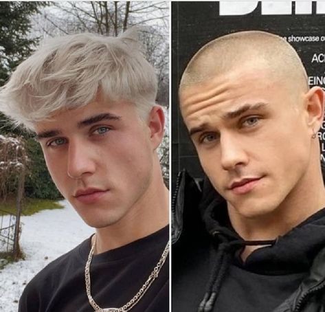 Military Buzz Cut, Platinum Blonde Hair Men, Shaved Head Styles, Very Short Hair Men, Slicked Hair, Men's Piercings, Military Haircut, Buzz Cut Hairstyles, Before And After Haircut