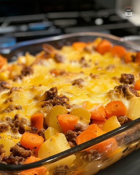 Discover the ultimate comfort meal with our Amish Hamburger with Fall Veggies Bake! 🍂🍖 This hearty, one-dish recipe combines seasoned ground beef with a vibrant mix of autumn vegetables like potatoes, carrots, and corn, all topped with melted cheddar cheese. Perfect for cozy family dinners or meal prepping for the week, this bake is easy to prepare and packed with flavor. Whether you're embracing Amish-inspired cooking or looking for a delicious fall recipe. Hamburger And Mixed Vegetables, Amish Hamburger Bake, Hamburger Carrots And Potatoes, Grandmas Hamburger Casserole, Amish Vegetable Soup, Amish Hamburger With Fall Veggies Bake, Meals Using Potatoes, Hamburger With Potatoes Recipes, Hamburger Potato Carrot Casserole