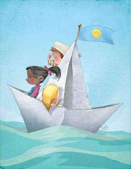 Cut Paper Illustration, Boat Illustration, Boat Drawing, Origami Boat, Illustration Art Kids, Autumn Illustration, Childrens Books Illustrations, Paper Boat, Madhubani Painting