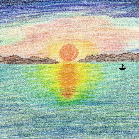 Pencil Crayon Drawing, Drawing Colored Pencil, Sunset Drawing, Drawing Sunset, Crayon Drawing, Crayon Drawings, Pencil Crayon, Colored Pencil, Drawing Ideas