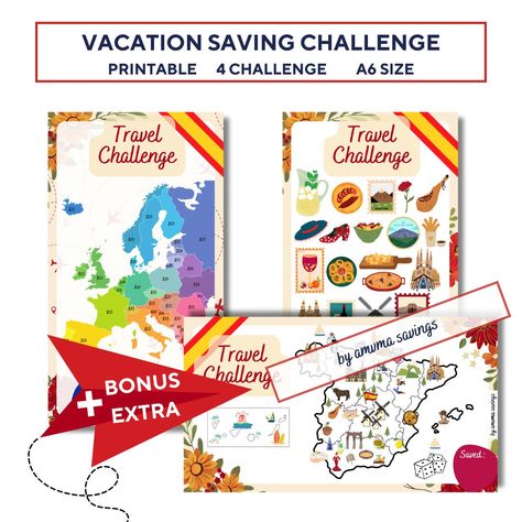 3 x Travel Savings Challenge, Spain Cash Envelopes, Vacation Savings Challenge ES, 400 Money Saving & Roll The Dice, A6 Printable PDF Vacation Savings Challenge, Vacation Savings, Savings Challenges, Roll The Dice, Saving Challenge, Travel Savings, Saving Goals, Cash Envelopes, Savings Challenge