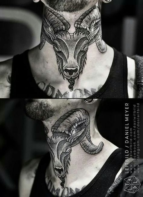 Goat neck tattoo but wrap around arm instead Goat Head Tattoo, Tattoo Goat, Henne Tattoo, Best Neck Tattoos, Ram Tattoo, Neotraditional Tattoo, Throat Tattoo, Tattoo Concepts, Goat Head