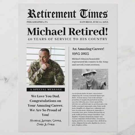 Us Army Retirement Documents, Army Retirement Invitations, Military Leave Form, Paper Effect, Ww1 Newspaper, Retired Military, Newspaper Template, Michael Johnson, Navy Air Force