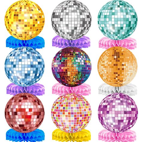 PRICES MAY VARY. Package Includes: You will receive total of 9 centerpieces with different disco ball themed designs and 6 color disco base (1*yellow 1*gray 2*blue 1*purple 1*orange 3*pink), meet your 70s disco theme party needs. High Quality: The disco ball theme patterns are printed on both sides and are clearly visible on cardboard. The sturdy disco honeycomb base supports the thick card paper so that the whole honeycomb centerpiece fits perfectly on your table. Easy to Use: Simple assembly s Retro Theme Table Decor, 70s Party Centerpieces, Dance Theme Party, Disco Ball Table, Colorful Disco Ball, Disco Party Decor, Dance Party Theme, Disco Ball Party, Honeycomb Centerpiece