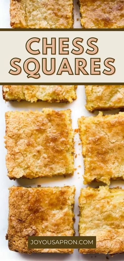 Chess Squares - aka chess bars, gooey butter cake, chess pie squares...this classic Southern dessert is made with yellow cake mix and has a buttery crust, a gooey center, and a flaky caramelized crust on top. Chess Pie Squares, Chess Bars, Joyous Apron, Pie Squares, Chess Cake, Chess Squares, Chess Pie, Sweet Breakfast Treats, Southern Desserts