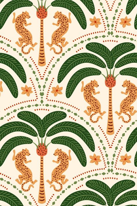 Tropical palm tree Asian leopard seamless pattern. Cute jungle damask ornament, jungle arched print, hand drawn wild animal under the coconut, Indian textile design wallpaper Vector beach illustration Hand Drawn Animals, Wallpaper Prints Pattern, Tropical Illustration Art, Fruit Print Pattern, Pattern Design Inspiration Illustrators, Indian Textile Patterns, Palm Tree Graphic Design, Tropical Fruits Illustration, Textile Patterns Design Prints