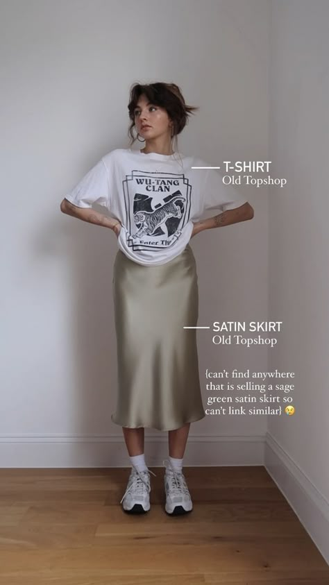 Silk Dress Sneakers Outfit, Silk Skirt And Graphic Tee, T Shirt Silk Skirt, Skirts Sneakers Outfit, Silk Skirts Street Style, Midi Skirt Trainers Outfit, Button Up Over Dress Outfit, Summer 2023 Outfit Trends, Satin Skirt Outfit Street Styles