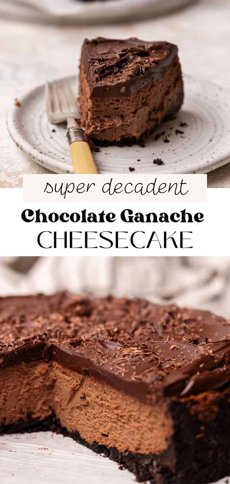 This chocolate ganache cheesecake is the ultimate cheesecake for chocolate lovers. It has a rich and decadent chocolate cheesecake filling on top of a buttery Oreo cookie crust with a thick layer of dark chocolate ganache. This is the most chocolatey cheesecake you'll ever make! Layered Chocolate Cheesecake, Chocolate Ganache For Cheesecake, Chocolate Ganache Desserts, Cheesecake Recipes Chocolate, Dark Chocolate Cheesecake Recipes, Ganache Cheesecake, Chocolate Ganache Cheesecake, Ultimate Cheesecake, Double Chocolate Cheesecake