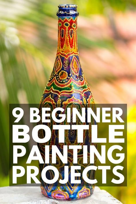 Painting Bottles And Jars, Wine Bottle Glass Painting, Diy Painted Jars Glass Bottles, Wine Bottle Uses Ideas, Painting Bottles Acrylic, What To Make With Wine Bottles, How To Paint Bottles Diy, How To Paint Glass Bottles With Acrylic, Glass Painting Ideas On Bottles