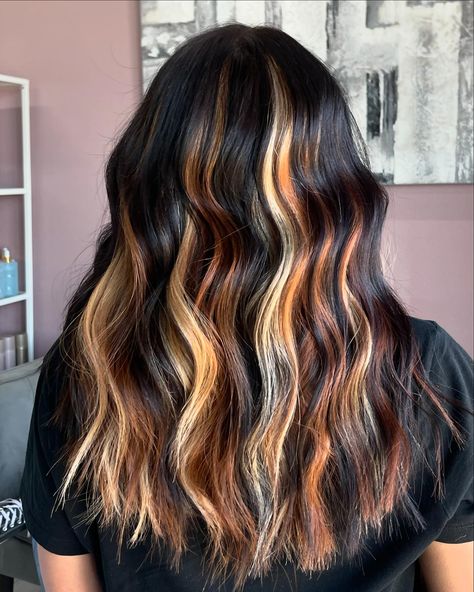 absolutely loved how this look came out 🖤🤎🧡💛🤍 • • • • • Dm or text to book 🫶 • • • • • #chunkyhighlights #chunkyhaircolor #blondehighlights #copperhighlights #redbrownhighlights #brownhighlights #burnhair #hairtransformation #hairtrends #straighthair #curlyhair #wavehair #dallasstylist #dallashair #dallashairstylist #dfwstylist #altstyle #alt #altfashion #y2kstyle #y2k #y2khair Calico Hair On Brown Hair, Black Calico Hair, Western Hair Color Ideas, Calico Hair Underneath, Brown Calico Hair, Calico Peekaboo Hair, Curly Calico Hair, Dark Calico Hair, Subtle Calico Hair