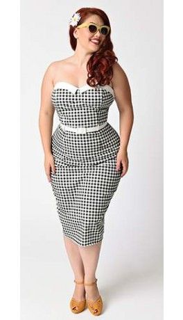 Collectif Plus Size Retro Black Gingham Monica Strapless Stretch Pencil Dress Plus Size Pencil Dress, Plus Size Pinup Outfits Ideas, Pinup Plus Size, Plus Size Pin Up, Rockabilly Fashion Plus Size, Plus Size Pinup, Plus Size Rockabilly, Woman Character, Fantastic Fashion