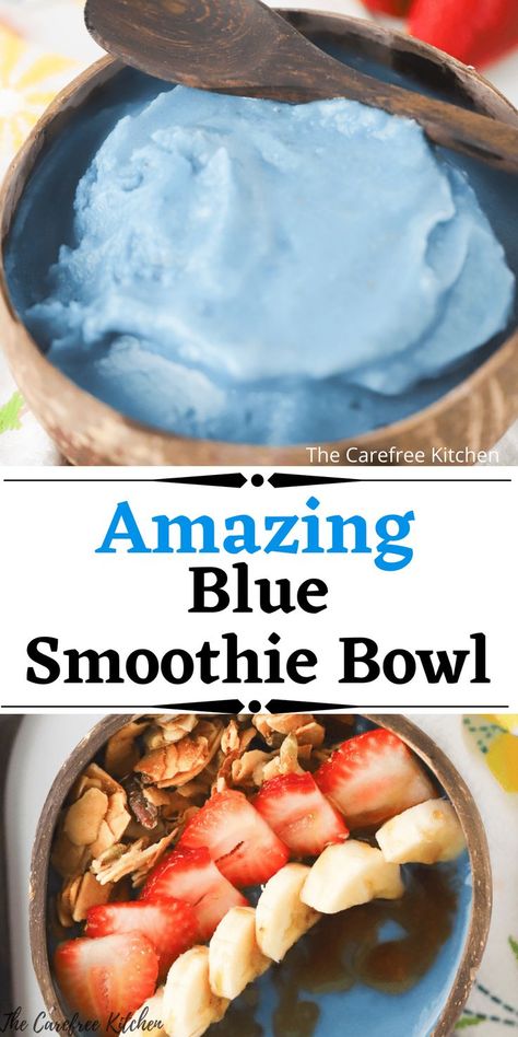 This Blue Smoothie Bowl is an easy breakfast that is healthy, refreshing, energizing and beautiful. It’s made by blending vibrant blue spirulina with frozen fruit, coconut milk and a touch of vanilla, then topped with tasty mix-ins like granola, berries and honey. #thecarefreekitchen #breakfast #healthy #spirulina #bluesmoothie #vanillabluesky #jamba #smoothiebowl #smoothie Spirulina Bowl, Lemon Buddies, Gummy Bear Drink, Blue Smoothie Bowl, Smoothie Bowls Recipes, Smoothie Bowl Base, White Gummy Bear, Jamba Juice Recipes, Jamba Juice Smoothies